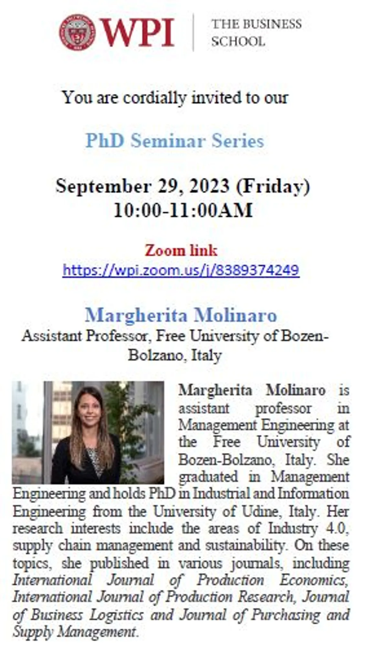 Dr. Molinaro gave a seminar to PhD students of WPI